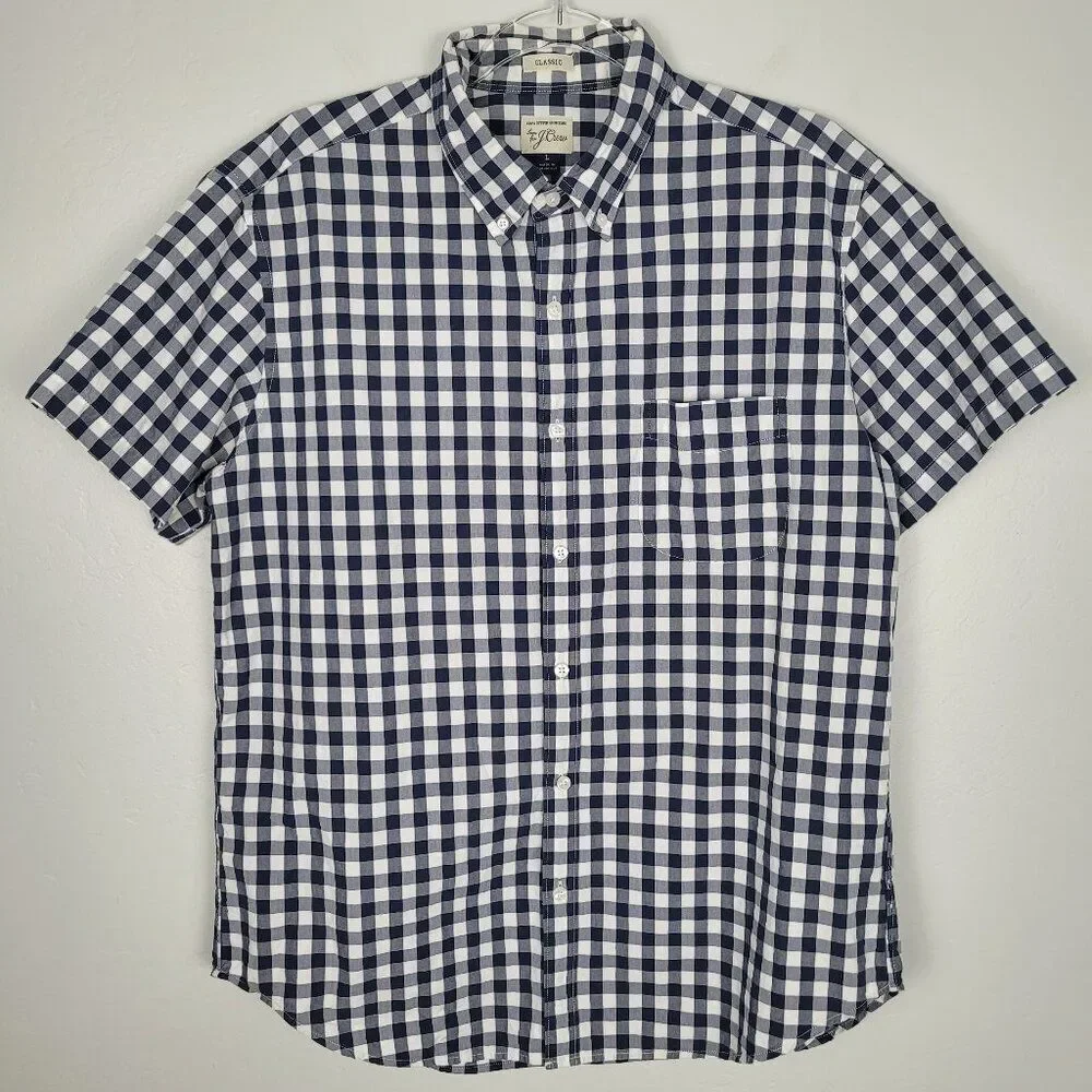 J. Crew Button Down Shirt Short Sleeve Classic Cotton Gingham Blue White Size L